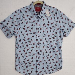 MBX Premium Goods Short Sleeve Button Down‎ Shirt Blue Christmas Pattern Mens L